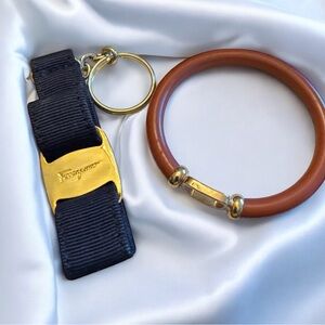 Ferragamo Brown and Gold Vara Bangle with Black Vara Keychain